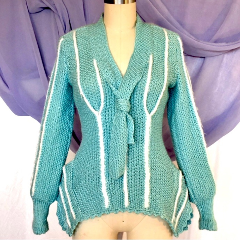 New Custom Design Hand knitted wool blend crochet sweater size XSmall teal white - Picture 3 of 8